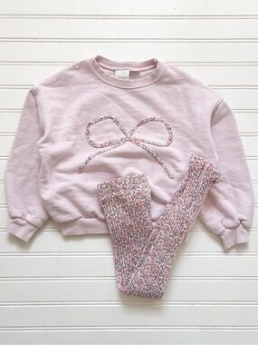 ZARA VGUC Blush Pink Bow Appliqué Crewneck & Ribbed Floral Leggings Set